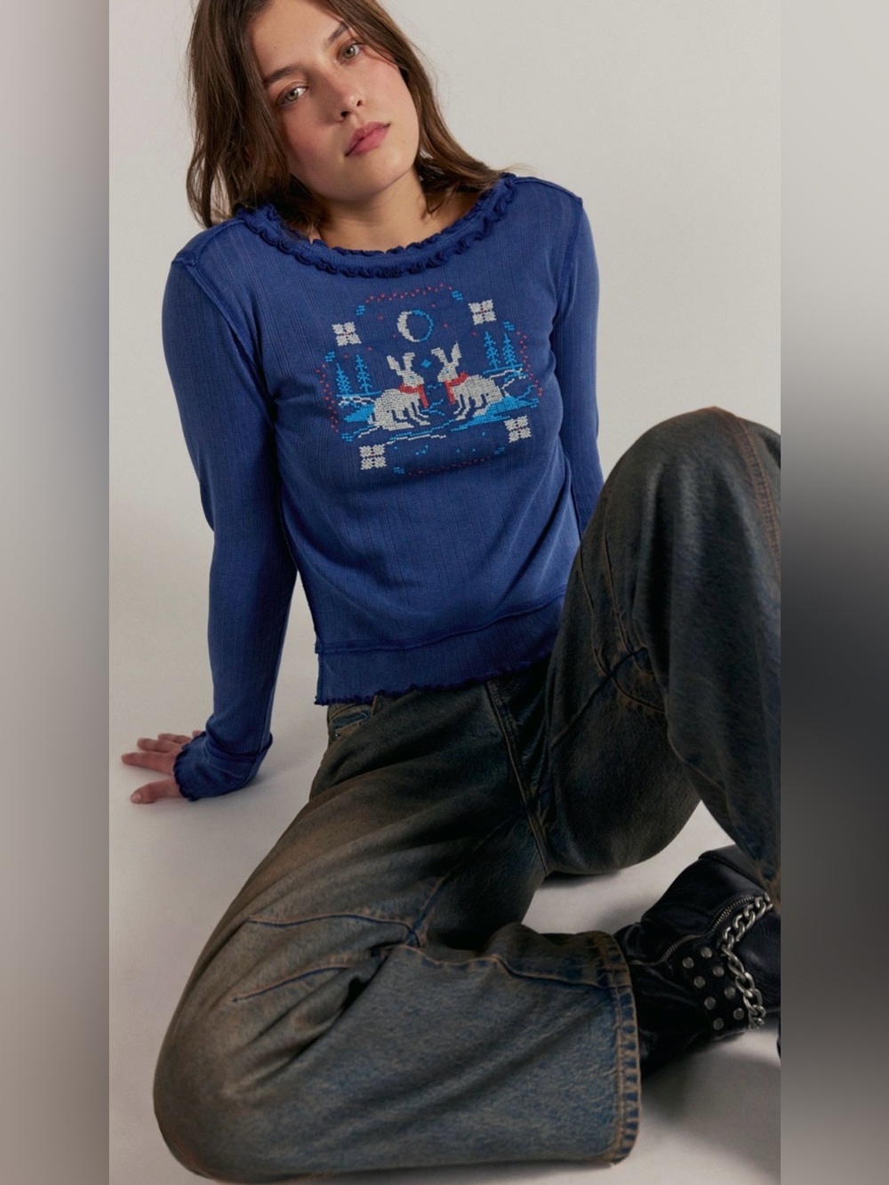 NWT Free People S We the Free Through the Woods Tee in Snow Bunny 🐰 Combo Blue